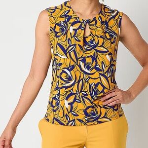Evan Picone Vibrant Blue and Gold Floral Blouse